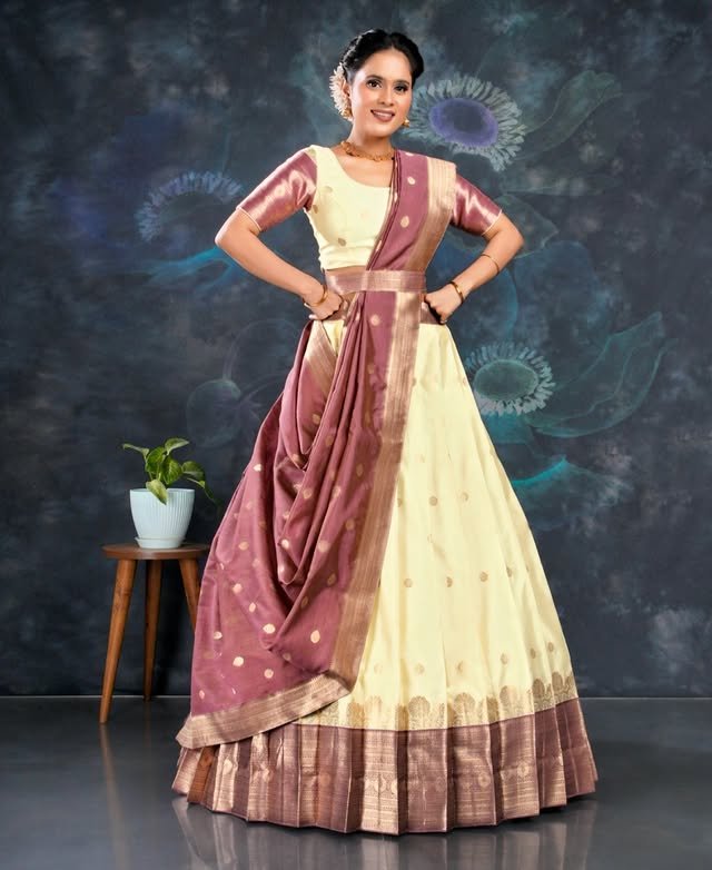 Traditional Cream and Maroon Art Silk Half Saree Lehenga - Rajshri Fashions Sowcarpet Chennai